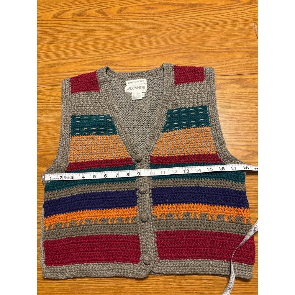 Jack Winter Vintage Hand Crochet Silk Blend Gray Striped Button Sweater Vest M - Picture 5 of 9